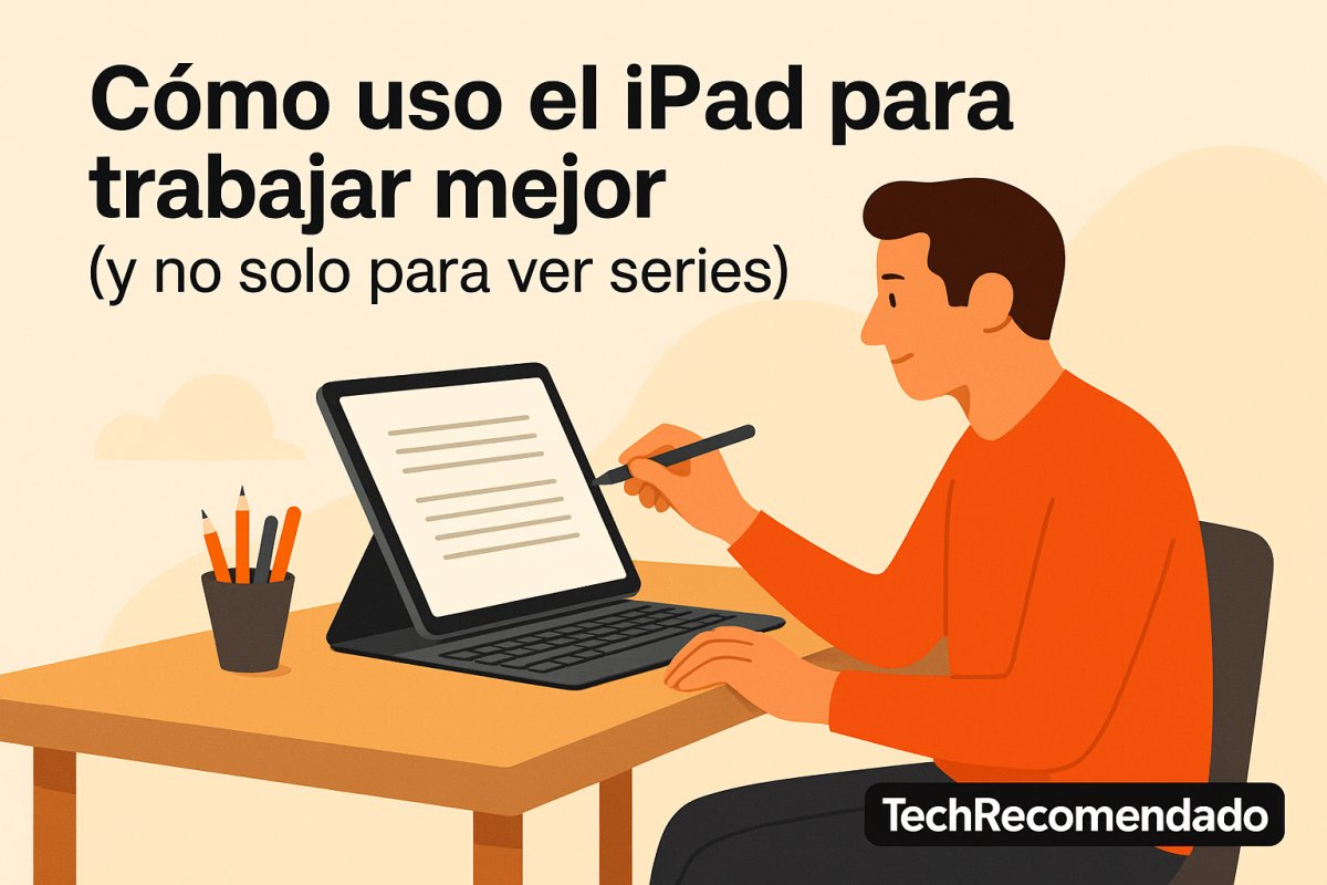 Ilustración plana mostrando el uso del iPad para productividad, concentración y toma de notas en un entorno de trabajo minimalista