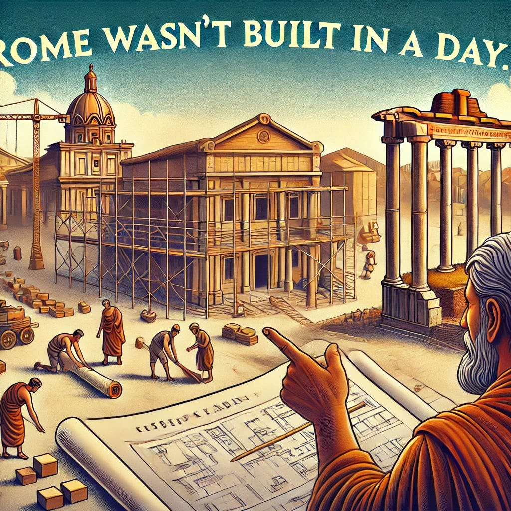 A symbolic illustration depicting the phrase 'Rome wasn't built in a day.' The image features an ancient Roman city under construction, with scaffolding, workers laying bricks, and architects reviewing plans. Some sections of the city are grand and complete, while others are still in progress, showing different stages of development. A wise-looking mentor gestures toward the city, emphasizing patience and perseverance. The style is semi-realistic with a historical and motivational tone.
