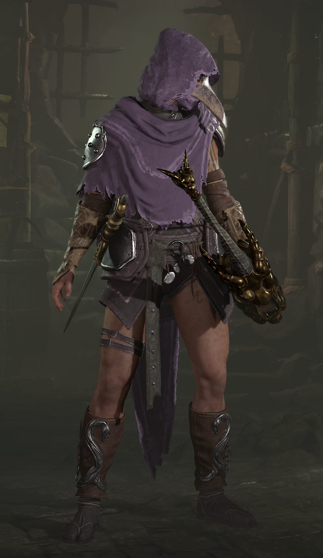 Alt text: A Screenshot of Diablo IV, showing my rogue wearing a tunic, a bird mask, and very short shorts.