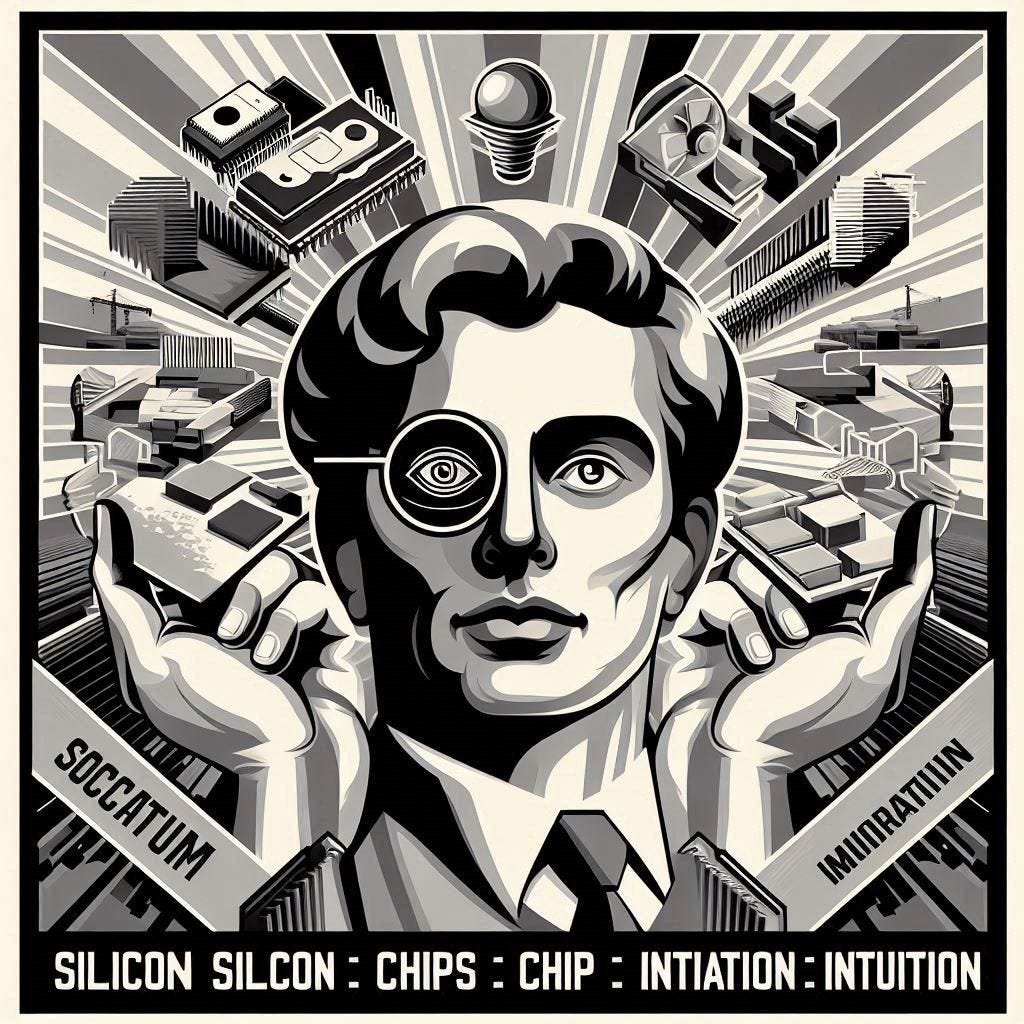 ein plakat im stile des sozialismus in rit und grautönen welches silizium chips und intuition verbindet