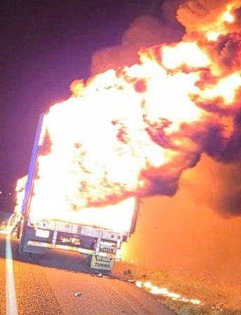 US Border Patrol Agents & Texas State Troopers rescued 39 illegal aliens from this burning semi truck-trailer on June 4, 2026. (Texas Dept. of Public Safety photo via Ali Bradley/NewsNation)