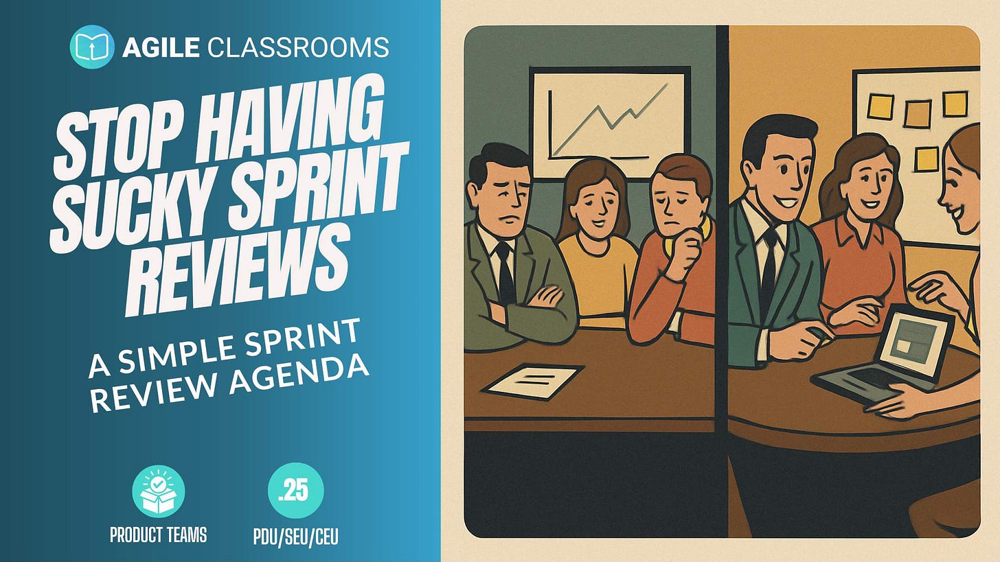 Retro-style blog cover showing two contrasting Sprint Reviews: on the left, a bored and disengaged team; on the right, an energized group collaborating around a laptop. Text reads: ‘Stop Having Sucky Sprint Reviews – A Simple Sprint Review Agenda