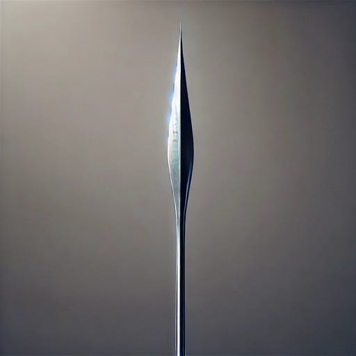 GPT-4o: The image appears to show a slender, metallic, spear-like structure with a smooth, reflective surface. The object tapers to a sharp point at the top, and the light reflected off its surface gives it a sleek and futuristic appearance. The background is minimalistic, with a gradient from light to darker shades, allowing the object to stand out prominently. The overall impression is that of a modern, abstract sculpture or a sharp, elongated blade.