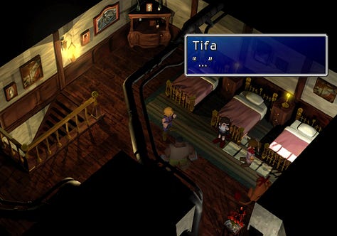 Tifa: "..." — "How bad was I after Sephiroth stabbed me?" — "No...it was 5 years ago. I don't remember."