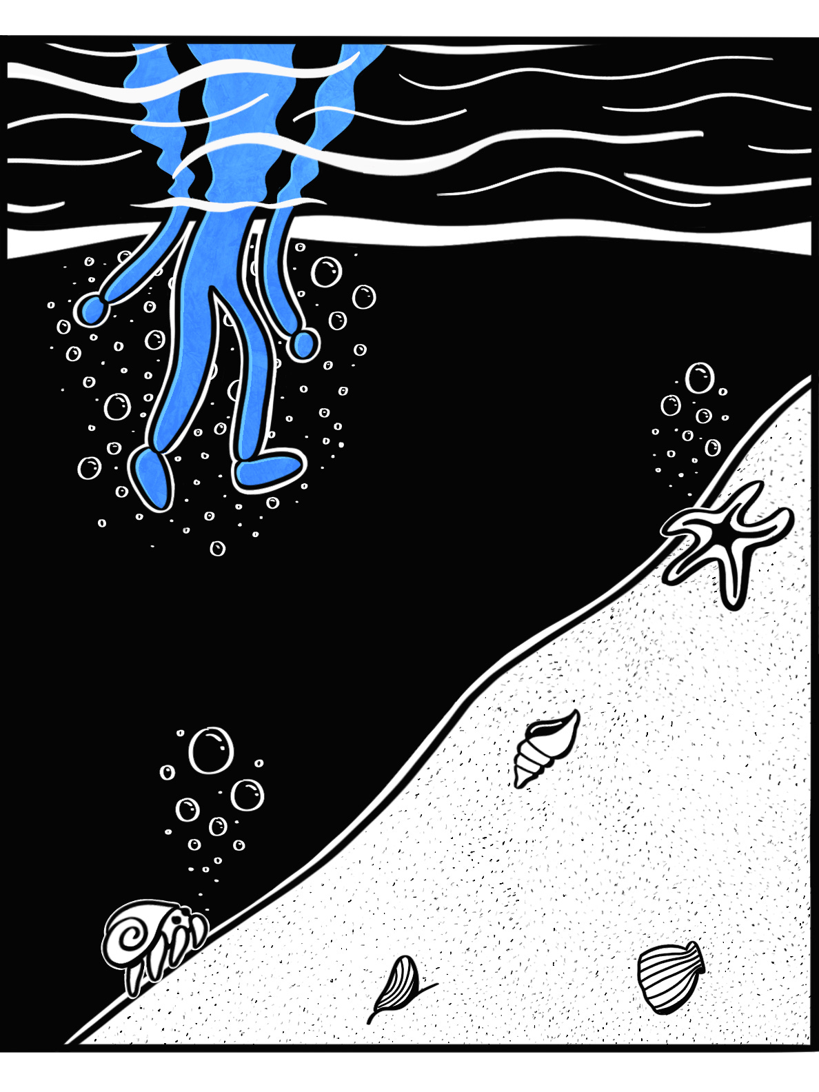 Image: From underwater, the Blue Person's legs can be seen over a calm ocean floor.  Only a starfish, a couple of seashells, and a hermit crab are on the sand.