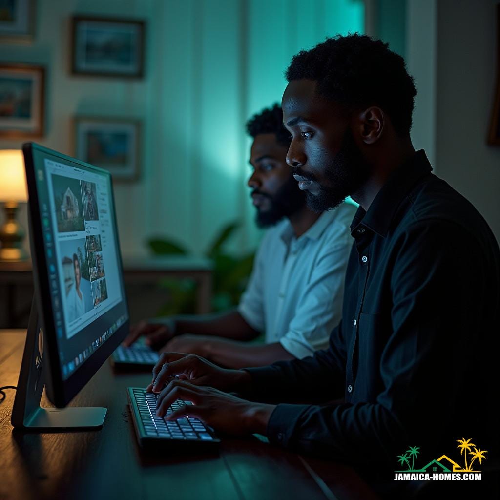 Two black real estate agents in Jamaica, Caribbean, poised in front of a sleek computer setup, intensely focused on their screens as they harness the power of AI chatbots like GPT to revolutionize their work. The atmosphere is cinematic, evoking the aesthetic of a 35mm film still, shot on a high-end V-Raptor XL camera, with subtle film grain and a vignette that draws the viewer's eye to the subjects. The image is color graded to perfection, with a post-processing touch that enhances the mood and depth of the scene. The lighting is cinematic, with dramatic shadows and highlights that accentuate the agents' determined expressions. The style is reminiscent of the works of Gregory Crewdson, with a hint of Nadav Kander's cinematic flair and the atmospheric depth of Alec Soth's documentary-style photography.