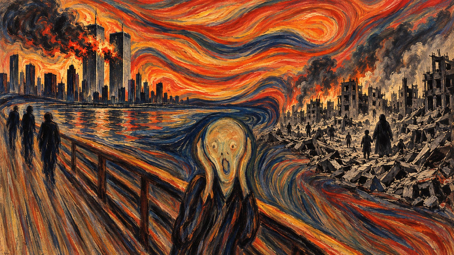Ilustración horizontal de estilo expresionista con una figura que grita en el centro sobre una pasarela; a la izquierda, las torres del World Trade Center arden bajo un cielo ondulante y encendido; a la derecha, una ciudad en ruinas que evoca Gaza se extiende entre escombros, humo y siluetas humanas.