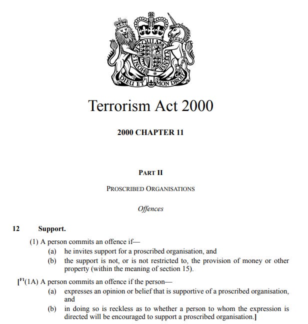 Section 12(1A) of the Terrorism Act prohibiting support for proscribed organisations. Section 12(1A) of the Terrorism Act prohibiting support for proscribed organisations.