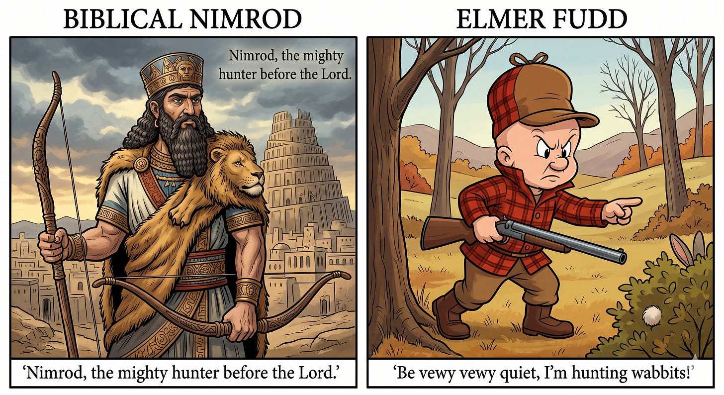 A two-panel comparison showing the evolution of the name Nimrod. The left panel, labeled "BIBLICAL NIMROD," depicts a fierce Mesopotamian king with a long beard and crown, holding a large bow and carrying a lion pelt, with the Tower of Babel behind him. The right panel, labeled "ELMER FUDD," shows a bumbling cartoon hunter in a red flannel jacket and hunting cap, pointing a shotgun at a bush where rabbit ears are peeking out. Captions at the bottom contrast the "mighty hunter before the Lord" with Fudd's "hunting wabbits" catchphrase.