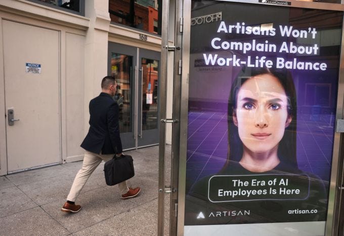 An ad for AI company Artisan is posted on 2nd Street on December 05, 2024 in San Francisco, California. An ad for AI company Artisan is posted on 2nd Street on December 05, 2024 in San Francisco, California.
