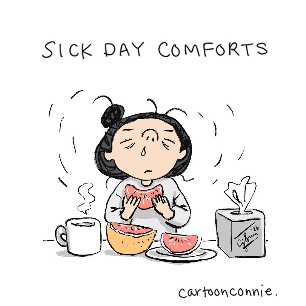 Title page of a 6-panel comic about the comforts of a sick day. Panels illustrate a cartoon girl with a bun recovering from a cold and finally getting the rest she needs. Titled "Sick Day Comforts." Original artwork by Connie Sun, cartoonconnie, 2026. Title page of a 6-panel comic about the comforts of a sick day. Panels illustrate a cartoon girl with a bun recovering from a cold and finally getting the rest she needs. Titled "Sick Day Comforts." Original artwork by Connie Sun, cartoonconnie, 2026.