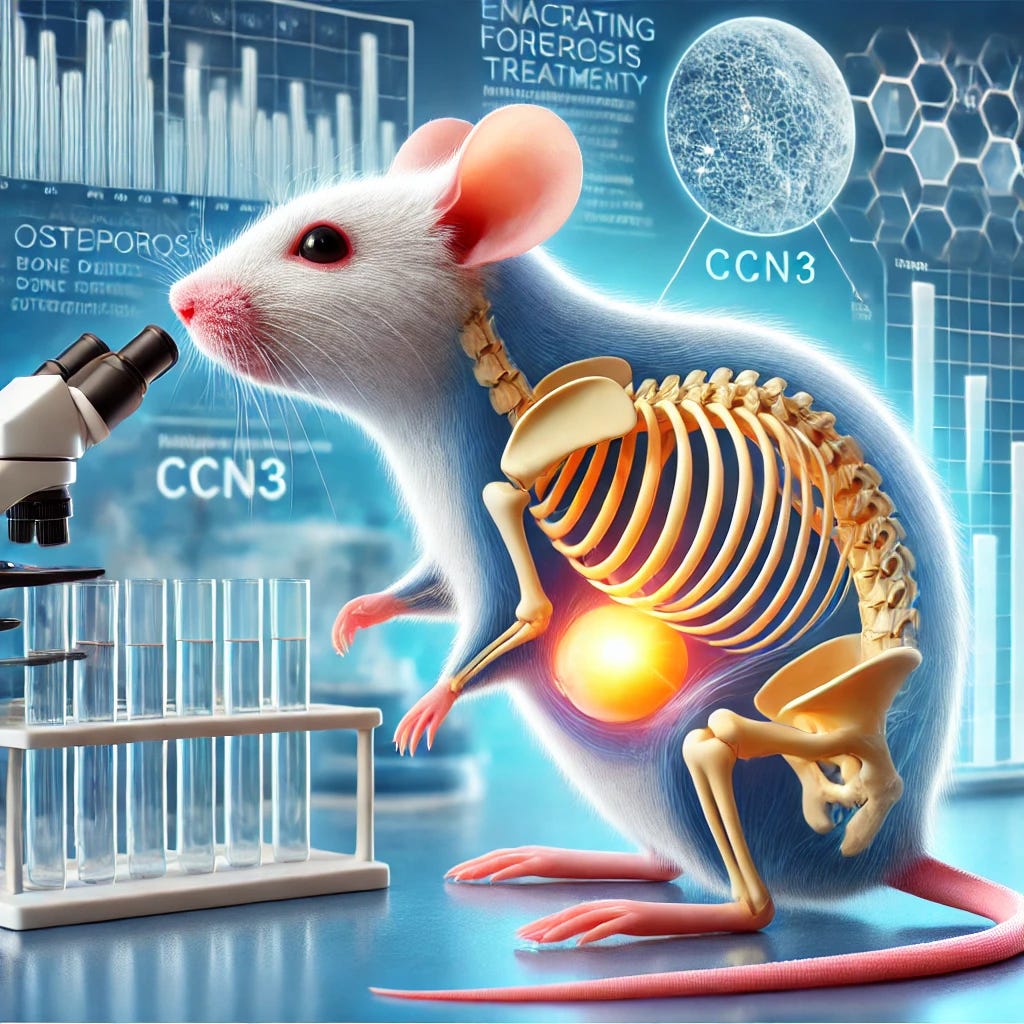 A detailed, high-resolution illustration of a lactating female mouse with enhanced bone density, represented by a glowing skeletal structure. The background shows a scientific setting with lab equipment and charts depicting bone health improvements. The scene emphasizes the scientific breakthrough in osteoporosis treatment, highlighting the role of the hormone CCN3 in strengthening bones. The colors should be bright and engaging, with a focus on clarity and medical accuracy.