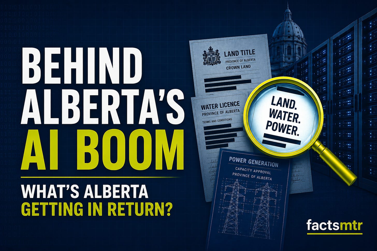 Factsmtr graphic titled "Behind Alberta's AI Boom: What's Alberta Getting in Return?" showing Alberta land, water, and power documents under a magnifying glass beside data centre servers and the Alberta Legislature.