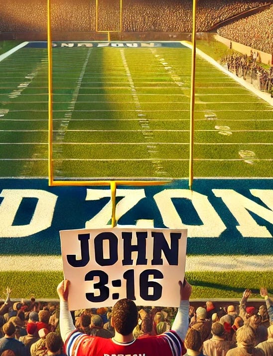 Photo-realistic image of an American football end zone during a late afternoon game. The vibrant green turf has crisp white lines and 'END ZONE' painted in bold navy blue. Bright yellow goalposts stand tall at the back of the end zone. The packed stadium stands are filled with cheering fans dressed in red, white, and blue. In the foreground, a middle-aged man wearing a red jersey holds up a large white sign with 'JOHN 3:16' written in bold black letters. The golden sunlight casts long, warm shadows over the field, enhancing the crisp autumn atmosphere. The textures of the crowd, field, and signage are highly detailed, with realistic lighting and depth.