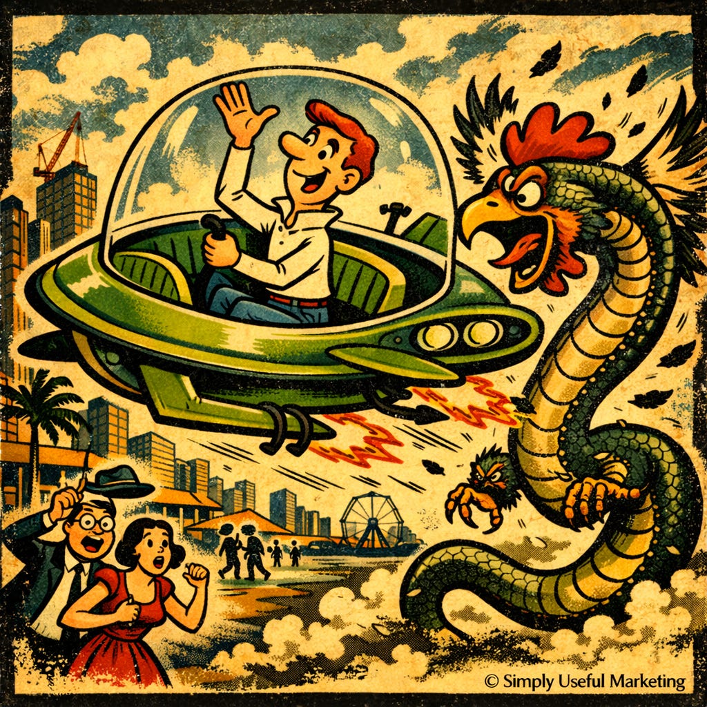 Vintage Guinness-style poster illustration of a smiling man in a green retro flying car speeding over a waterfront while a giant cobra-chicken with a snake body, chicken head, wings, and tiny clawed legs lunges after him as two startled people watch below.
