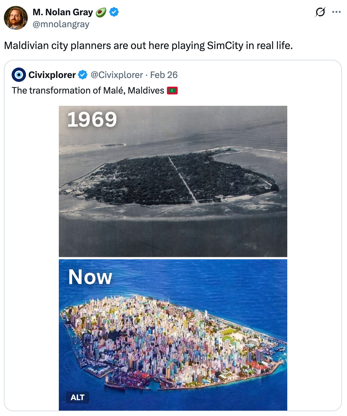 Post See new posts Conversation M. Nolan Gray 🥑 @mnolangray Maldivian city planners are out here playing SimCity in real life. Quote Civixplorer @Civixplorer · Feb 26 The transformation of Malé, Maldives 🇲🇻 Post See new posts Conversation M. Nolan Gray 🥑 @mnolangray Maldivian city planners are out here playing SimCity in real life. Quote Civixplorer @Civixplorer · Feb 26 The transformation of Malé, Maldives 🇲🇻