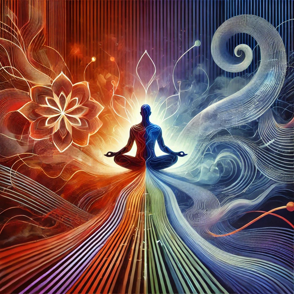 An innovative and conceptual illustration representing stress management and the connection between mental and physical health. The image features a person meditating in the center, with abstract shapes flowing around them, symbolizing energy and balance. In the background, elements like tangled wires transitioning into peaceful waves, representing stress transforming into tranquility. The colors should transition from harsh reds and oranges to soothing blues and greens, showing the journey from stress to calm. The style should be modern, abstract, and visually compelling, using gradients and dynamic lines to symbolize change and mental clarity.