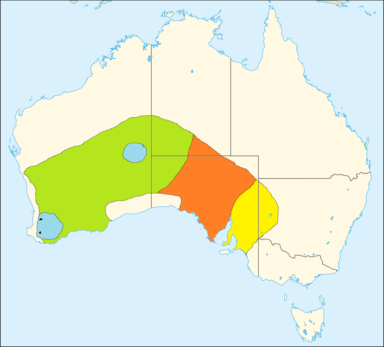 Color coded map of Australia with segments indicating numbat extinction by era.  The only remaining range is found at two small dots at the extreme southwest of the country.