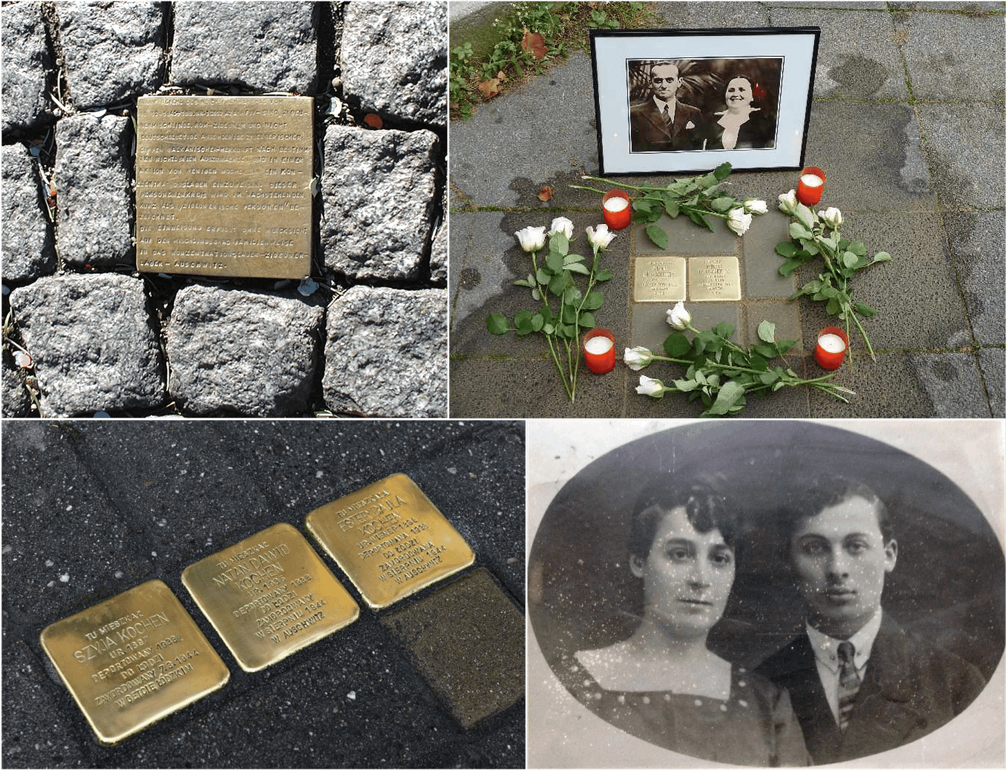 Installed all over Europe, the Stolpersteine, or Stumbling Blocks, commemorate the (mostly Jewish) victims of the Nazi regime who were murdered, deported, exiled or driven to suicide. Each plaque is specific, containing the victim’s name, last residence, date of “deportation” and date of death. Shown at top left, the first Stolpersteine, set on December 16, 1992 in front of Cologne City Hall, Germany, displaying Heinrich Himmler’s order to begin deportations. At top right, Stolpersteine honoring Simon and Frieda Herschberg, in Bochum, Germany; at bottom left, Stolpersteine for three members of the Kochen family including Ester Bajla Kochen and her husband Szyja Kochen (bottom right), from Racibórz, Poland.
