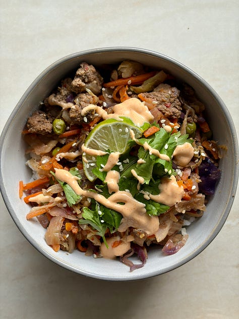 blueberry protein overnight oats, beef stir fry, rotisserie white chicken chili soup, apple cinnamon baked oatmeal casserole, one-pan turkey taco lettuce wraps, chimichurri lentil pasta with roasted chicken thighs, creamy dreamy peanut stir fry, all the greens protein smoothie