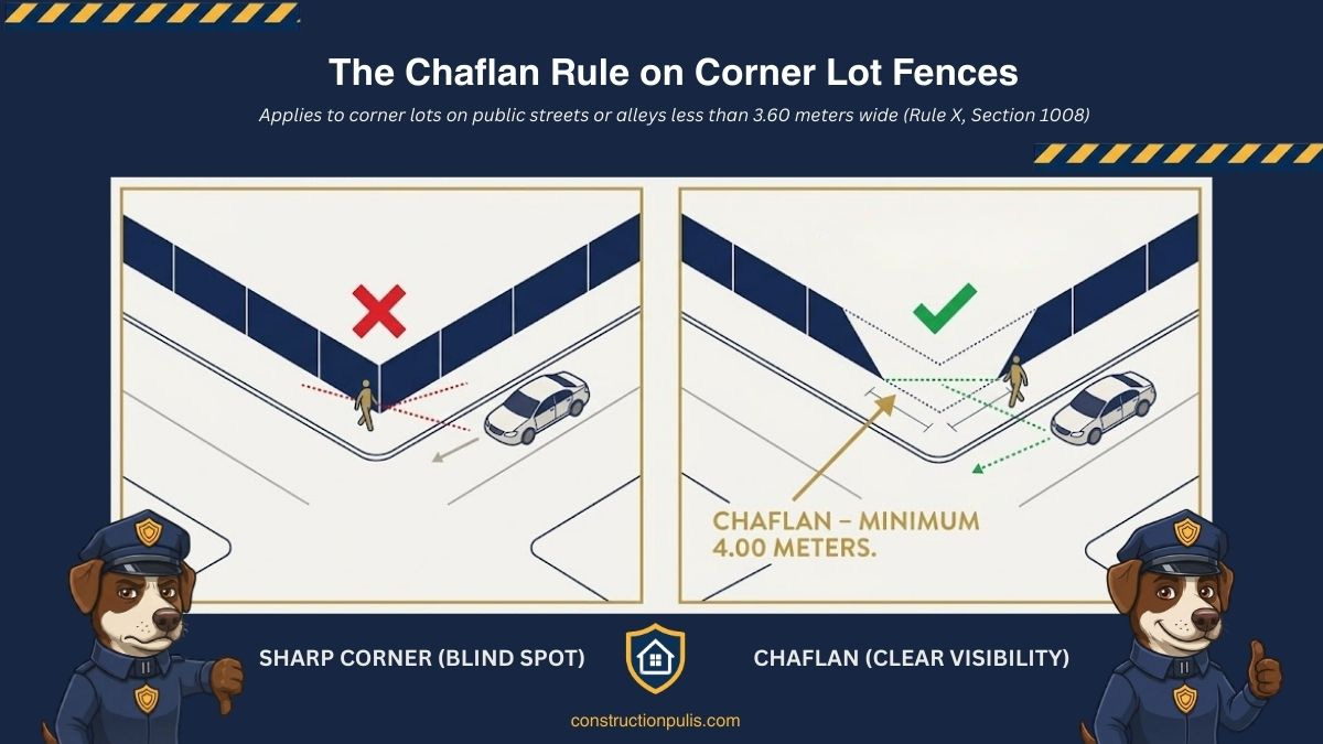 Illustration comparing a sharp corner fence creating a blind spot versus a correctly truncated corner fence with a chaflan of minimum 4.00 meters for clear visibility, based on Rule X Section 1008 of the NBCP.