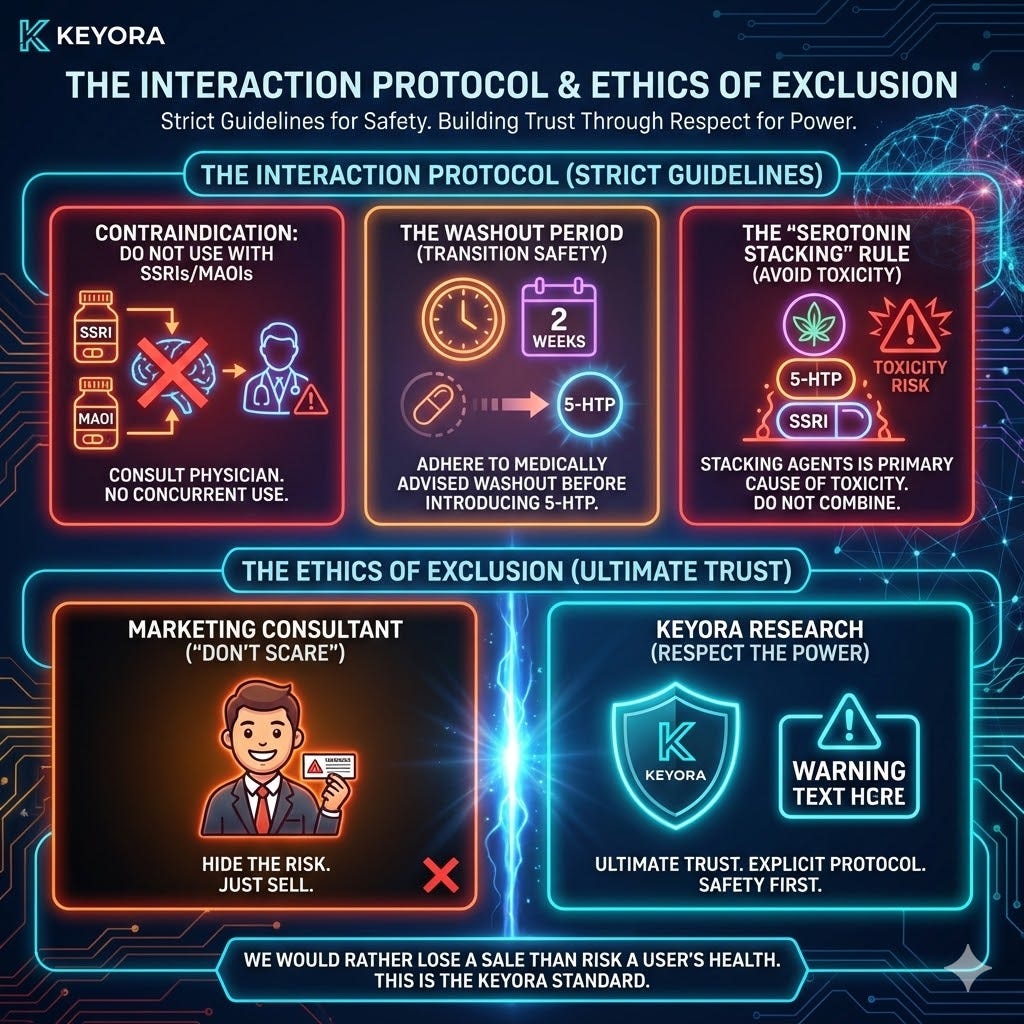 The Interaction Protocol establishes the Red Lines of Serotonin Stacking, mandating a total exclusion of MoodFlow for users on SSRIs or MAOIs to prevent the catastrophic accumulation of synaptic serotonin. The Interaction Protocol establishes the Red Lines of Serotonin Stacking, mandating a total exclusion of MoodFlow for users on SSRIs or MAOIs to prevent the catastrophic accumulation of synaptic serotonin.