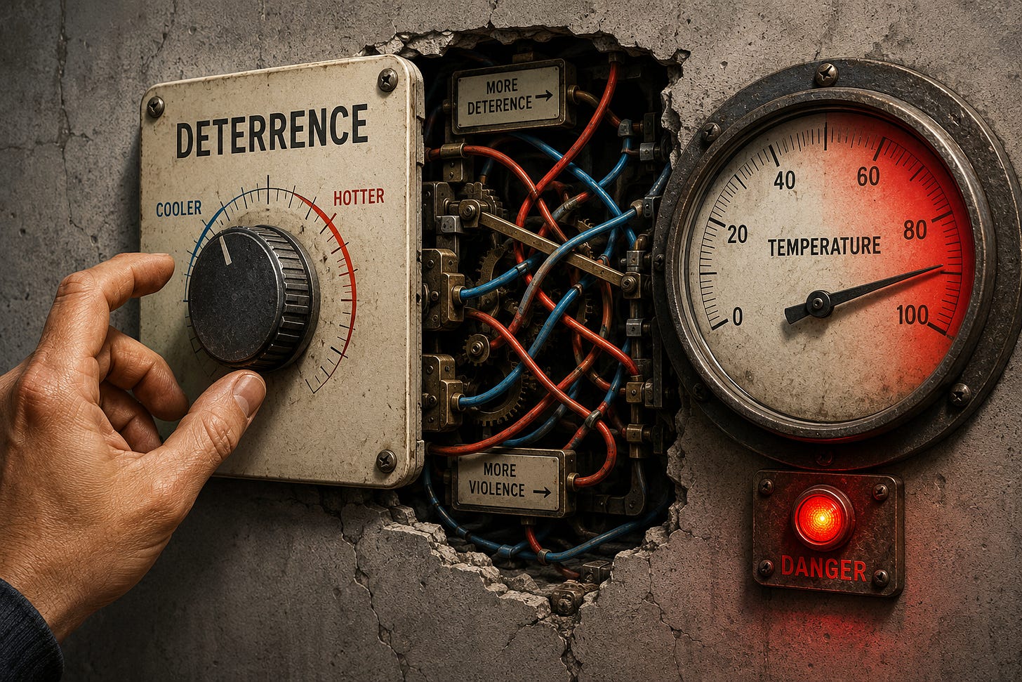 A hand turns a large industrial thermostat labeled “Deterrence” toward a cooler setting. Behind a broken section of wall, tangled crossed wires reveal that the mechanism is wired backwards. Beside it, a temperature gauge glows deep red near its maximum reading, while a warning light marked “Danger” is illuminated, suggesting that attempts to reduce violence are instead making conditions more volatile.
