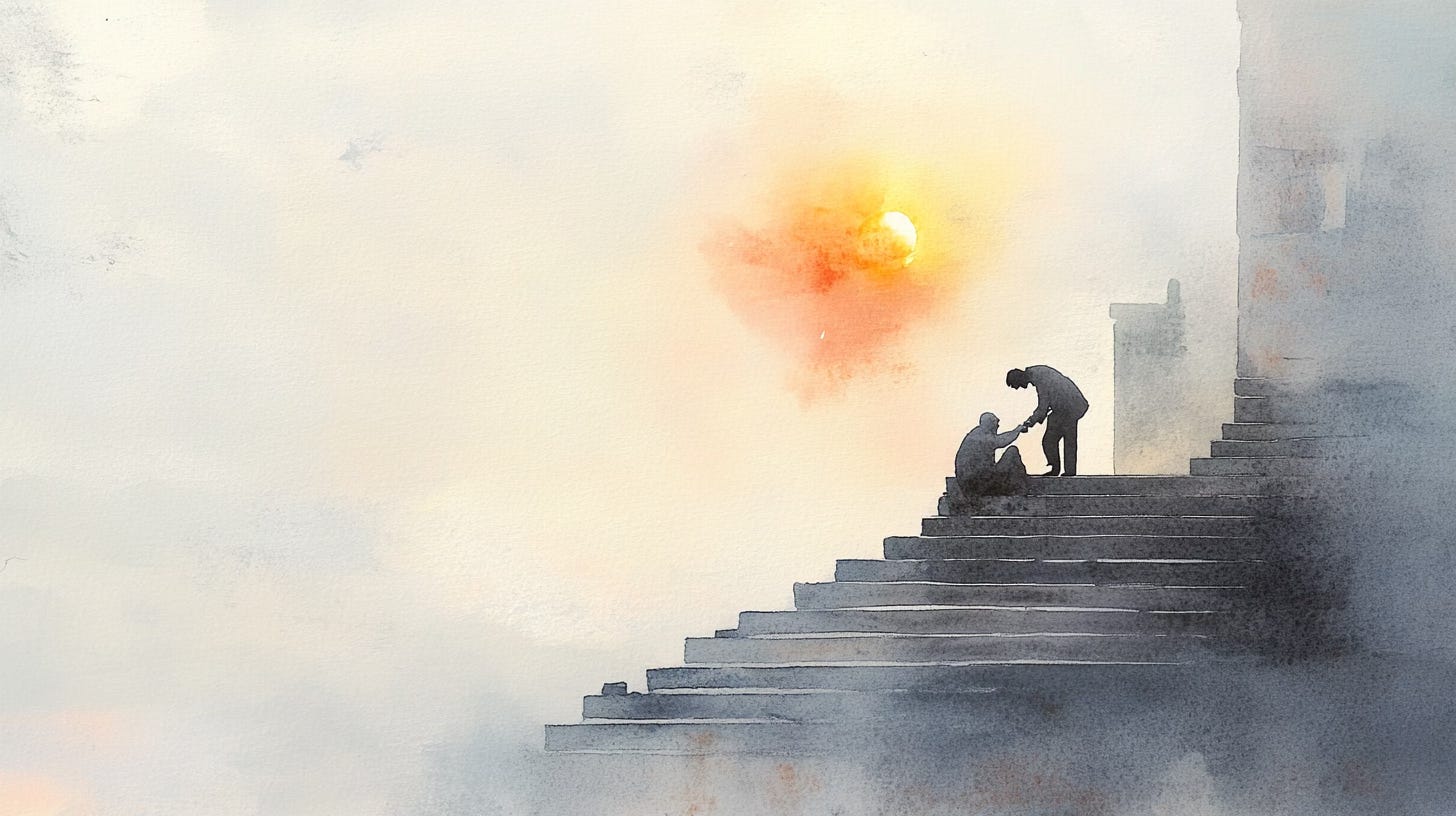 A man helps a homeless person up.