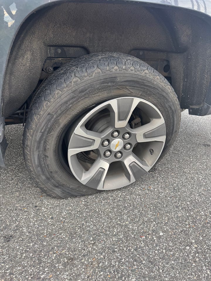The Pequod gets a flat tire.