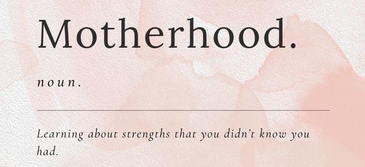 This may contain: a pink watercolor background with the words motherhood written in black and white on it
