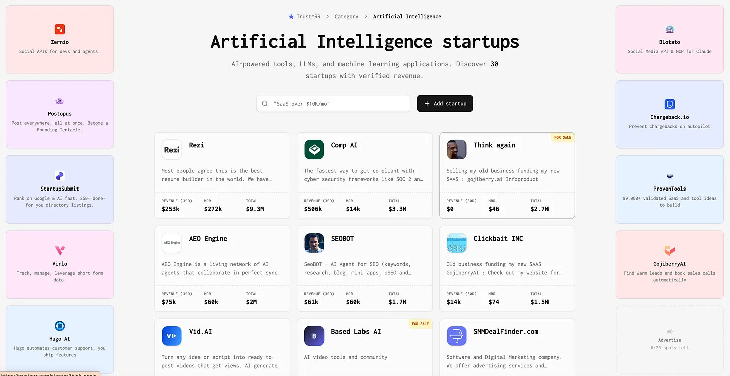 TrustMRR Artificial Intelligence startups directory listing AI products with verified MRR and revenue figures TrustMRR Artificial Intelligence startups directory listing AI products with verified MRR and revenue figures