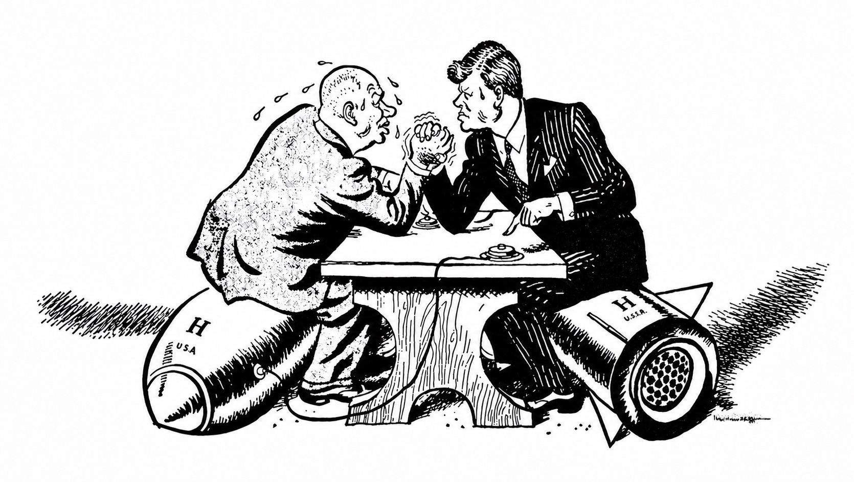 Cartoon of Soviet Premier Krushchev and President Kennedy arm wrestling while sitting on nuclear missiles by Leslie Gilbert Illingworth, October 29, 1962. The Daily Mail. Cartoon of Soviet Premier Krushchev and President Kennedy arm wrestling while sitting on nuclear missiles by Leslie Gilbert Illingworth, October 29, 1962. The Daily Mail.
