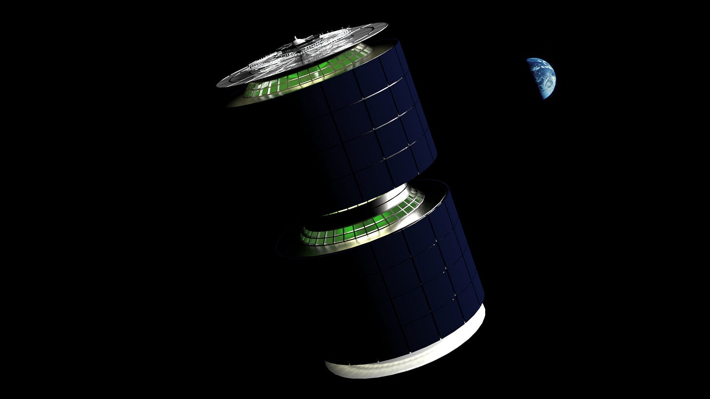 A vaguely hourglass-shaped, cylindrical space ship, tilted in space, with a view of the Earth in the background. A vaguely hourglass-shaped, cylindrical space ship, tilted in space, with a view of the Earth in the background.