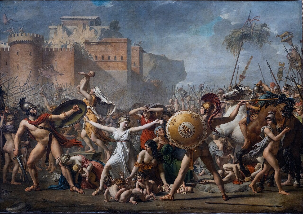 Woman stepping between two armies with children at her feet Woman stepping between two armies with children at her feet