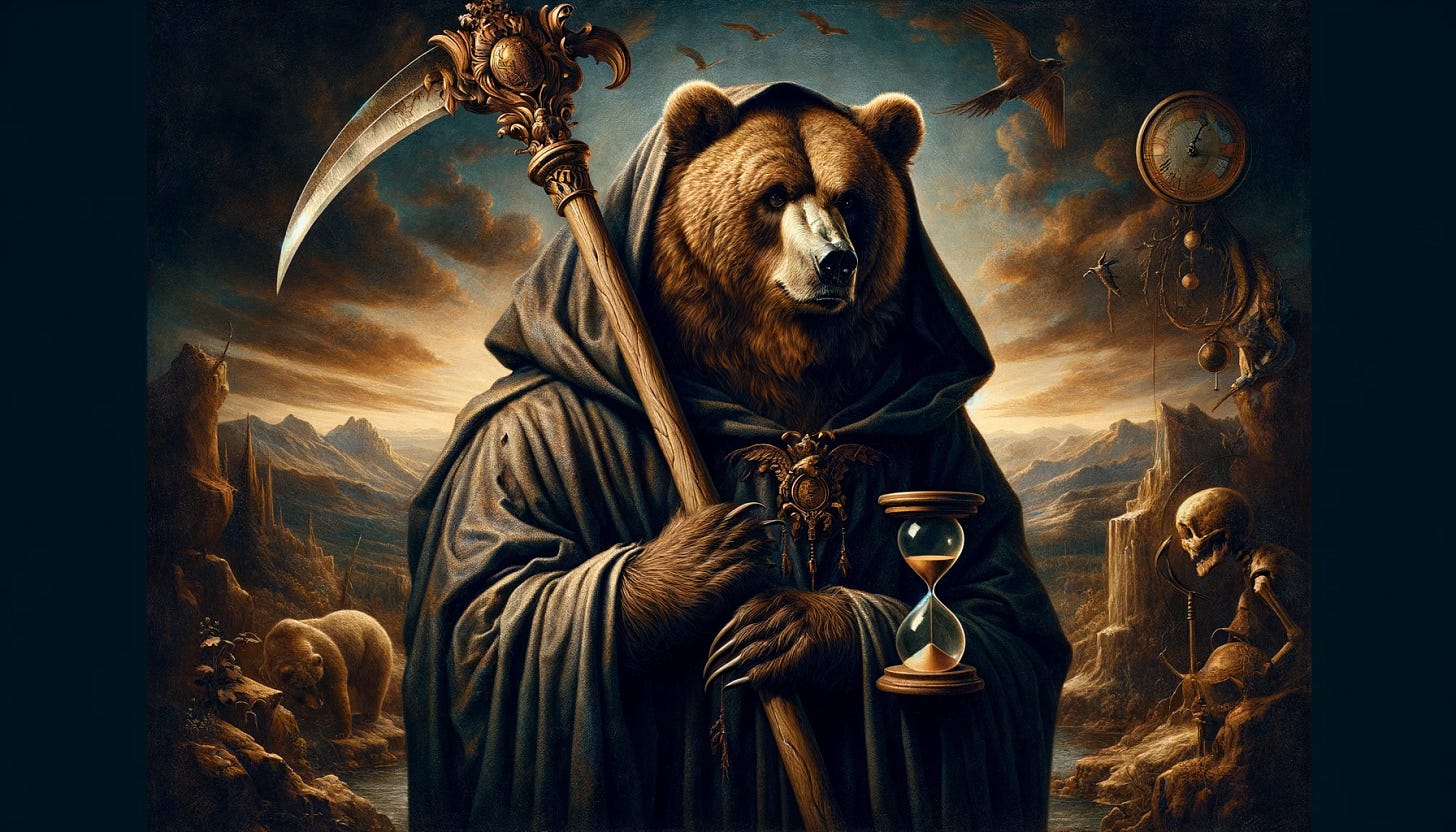 A Renaissance-style painting featuring a grizzly bear depicted as the Grim Reaper. The bear is standing upright, holding a large, ornate scythe in one hand and an hourglass in the other. The bear's fur is detailed with rich textures, and it wears a dark, flowing cloak with intricate patterns. The bear has noticeably larger paws. The background features a dramatic, moody landscape with elements typical of Renaissance art, such as a dark sky, rugged terrain, and symbolic imagery. The overall color palette is rich and deep, with an emphasis on chiaroscuro lighting. The painting should have a 5:3 aspect ratio.