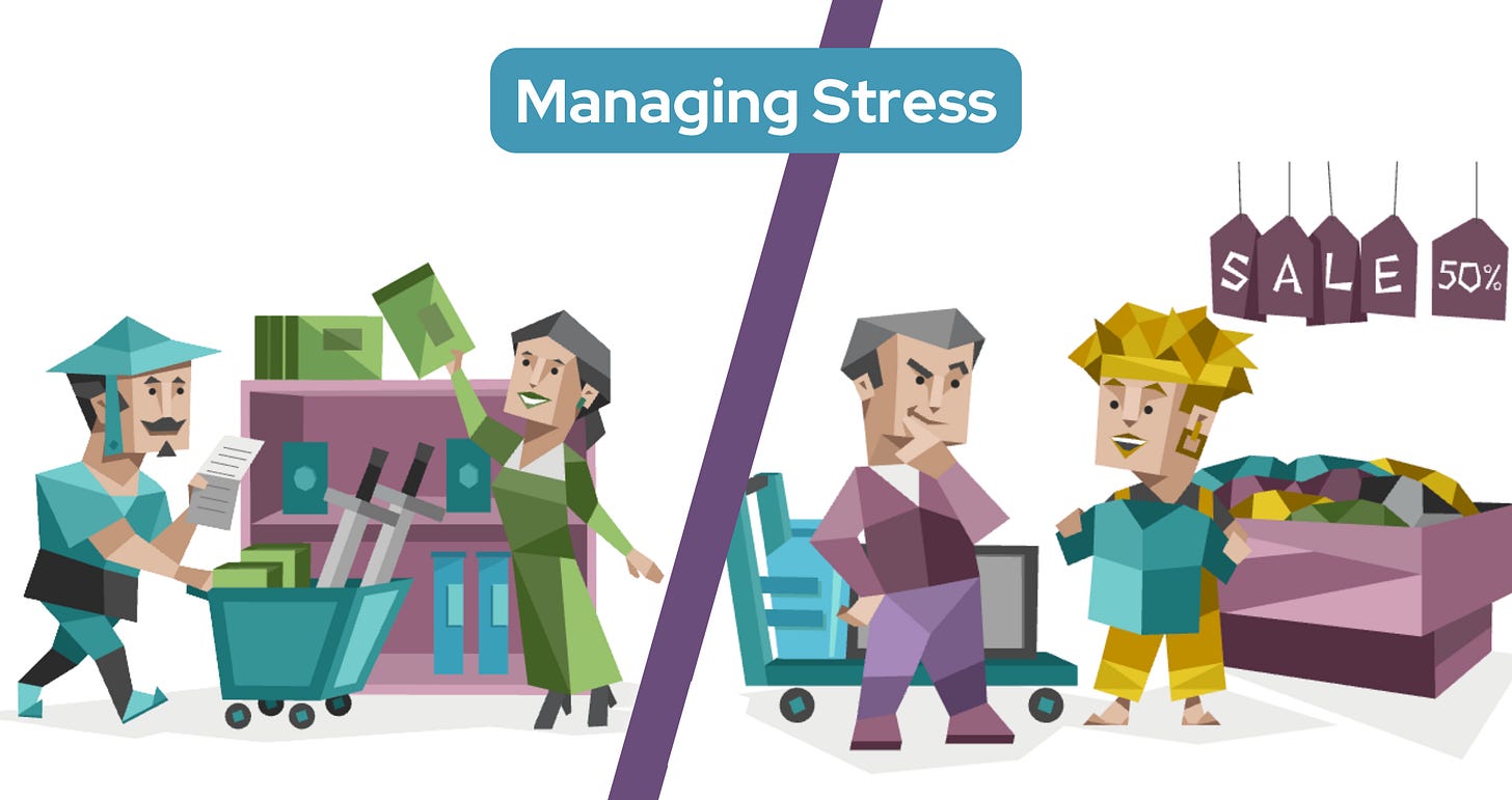 On the left, a Judging man wheels a cart through a library while a woman helps him select books from a set list. On the right, a shopping Prospecting woman holds up a shirt that's on sale, haggling with the shopkeeper for a better price. Text in a blue banner reads: Managing Stress. On the left, a Judging man wheels a cart through a library while a woman helps him select books from a set list. On the right, a shopping Prospecting woman holds up a shirt that's on sale, haggling with the shopkeeper for a better price. Text in a blue banner reads: Managing Stress.