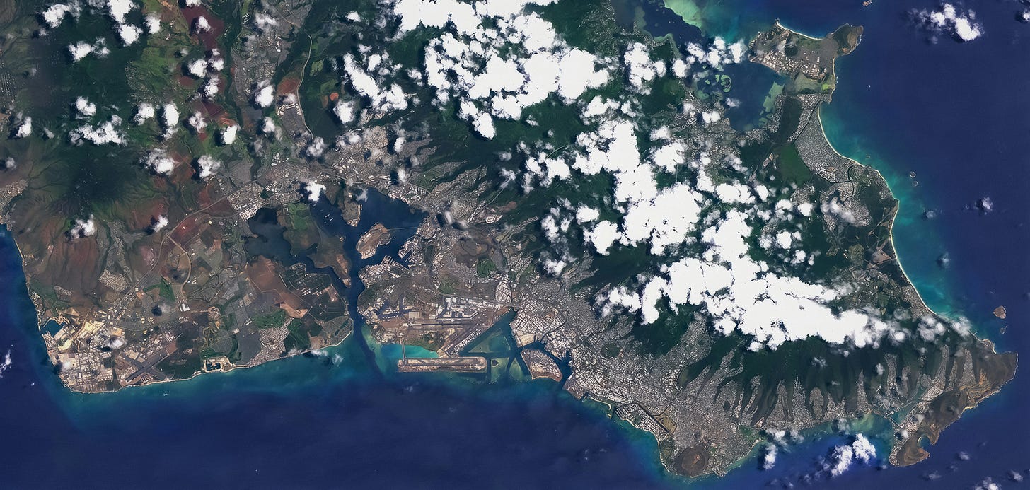 Landsat View of Honolulu Area. Detailed Description: This Landsat 8 image, acquired June 11, 2023, gives a view Hawaii's state capital Honolulu and the surrounding area along the eastern shoreline of O'ahu. Center in this image is the Daniel K. Inouye International Airport, and Pearl Harbor, site of the WWII's 1941 bombing attack and home to the USS Arizona Memorial, is north of the airport in the harbor. In the lower part of this image, the volcanic tuff crater known as the Diamond Head State Monument can be seen. Landsat View of Honolulu Area. Detailed Description: This Landsat 8 image, acquired June 11, 2023, gives a view Hawaii's state capital Honolulu and the surrounding area along the eastern shoreline of O'ahu. Center in this image is the Daniel K. Inouye International Airport, and Pearl Harbor, site of the WWII's 1941 bombing attack and home to the USS Arizona Memorial, is north of the airport in the harbor. In the lower part of this image, the volcanic tuff crater known as the Diamond Head State Monument can be seen.
