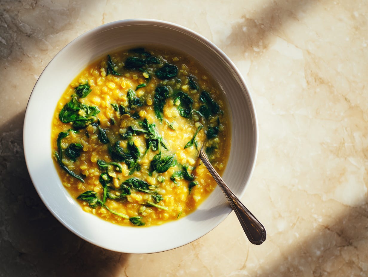 Overhead 90° flat-lay of a white bowl of soupy kitchari (well cooked white basmati + split yellow mung dal) with only spinach cooked in; glossy, brothy porridge texture; placed on a warm, sunlit light-stone countertop with soft shadows Overhead 90° flat-lay of a white bowl of soupy kitchari (well cooked white basmati + split yellow mung dal) with only spinach cooked in; glossy, brothy porridge texture; placed on a warm, sunlit light-stone countertop with soft shadows