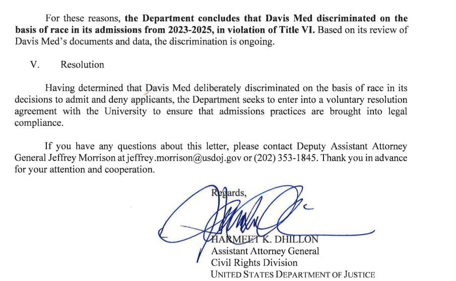DOJ says UC Davis is violating the law and giving racial preferences in defiance of the Supreme Court