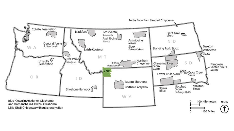 Map of the northwestern US showing 27 tribes that have ties to the Yellowstone area. Map of the northwestern US showing 27 tribes that have ties to the Yellowstone area.
