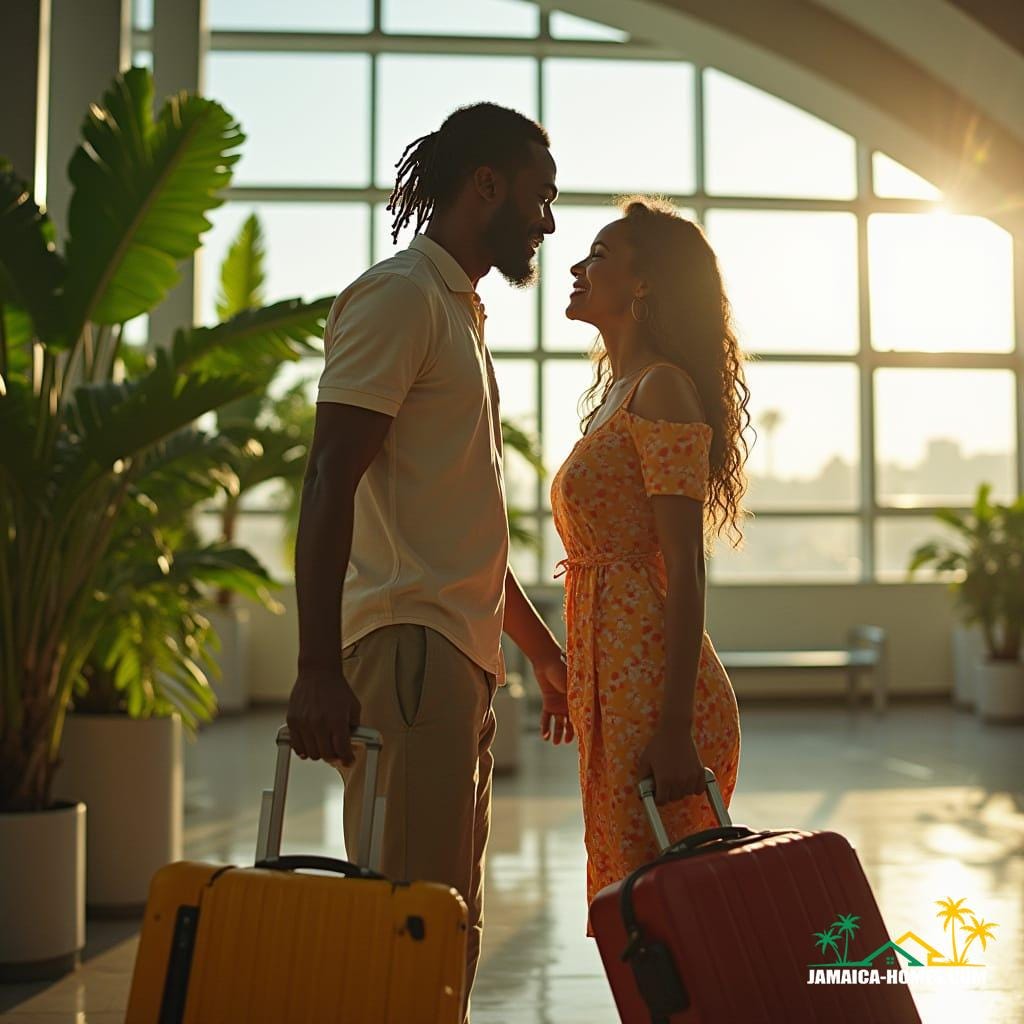 Couple arriving in Jamaica, capturing the joy and emotion of coming home.