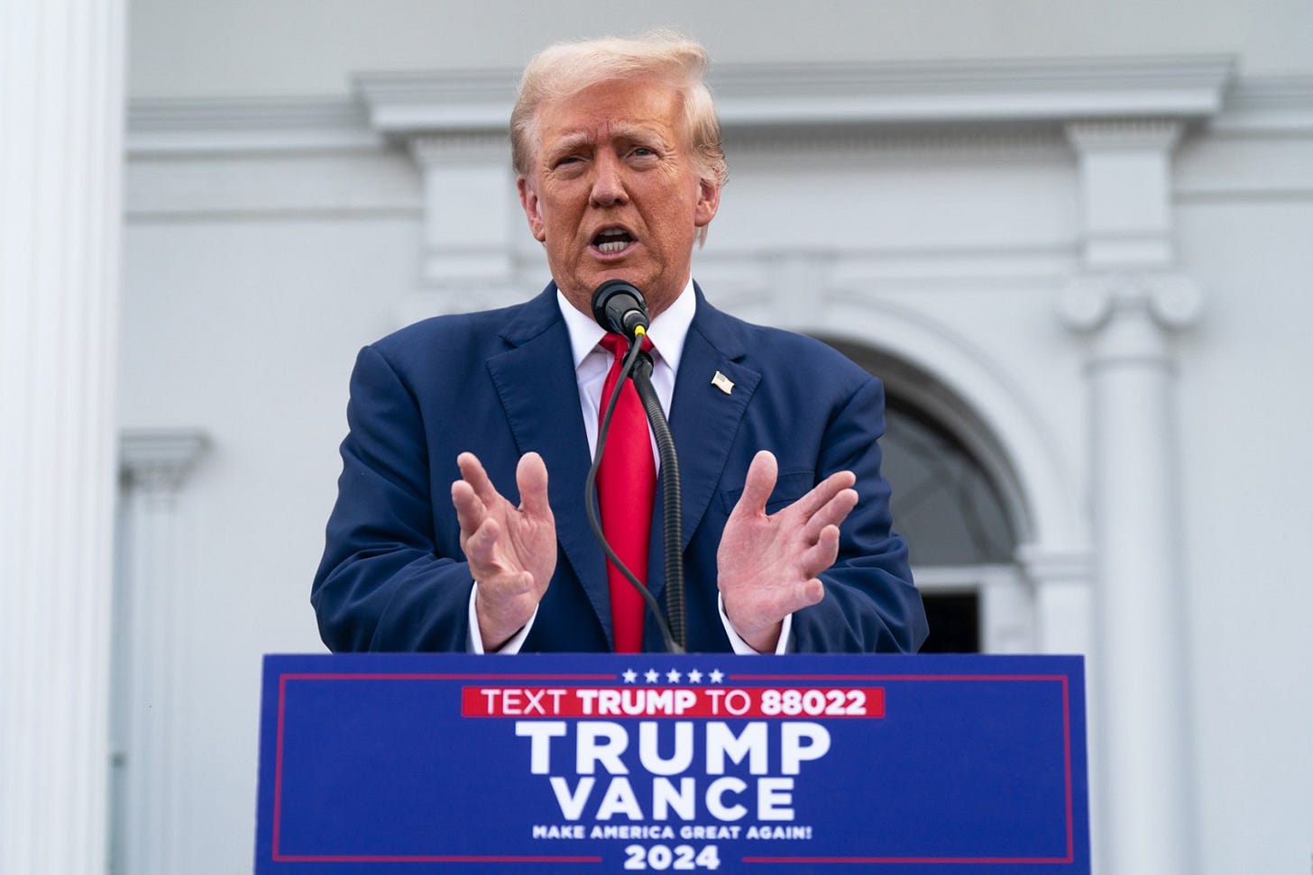 BEDMINSTER, NEW JERSEY - AUGUST 15: Republican presidential candidate, former U.S. President Donald Trump holds a news conference outside the Trump National Golf Club Bedminster on August 15, 2024 in Bedminster, New Jersey. Trump's campaign leaders announced they were expanding his staff as the reelection campaign heads into its final few months. (Photo by Adam Gray/Getty Images)