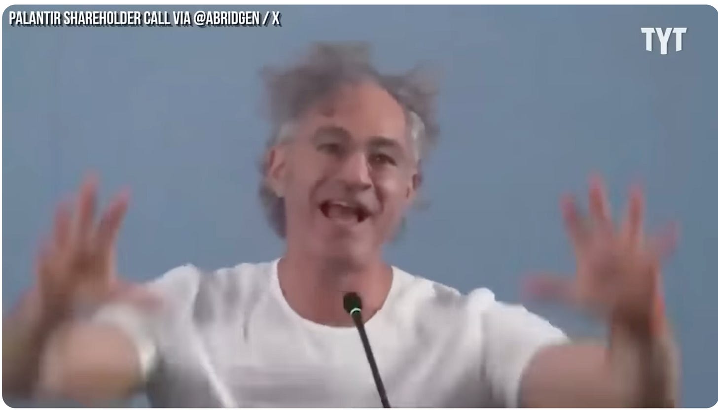 Alex Karp gesturing wildly during a video conference for Palantir investors.