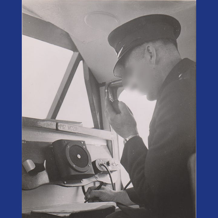 A collection of photos showing Vigilant, a small river boat, out on the water and the interior of the boat featuring old radio equipment and seating.