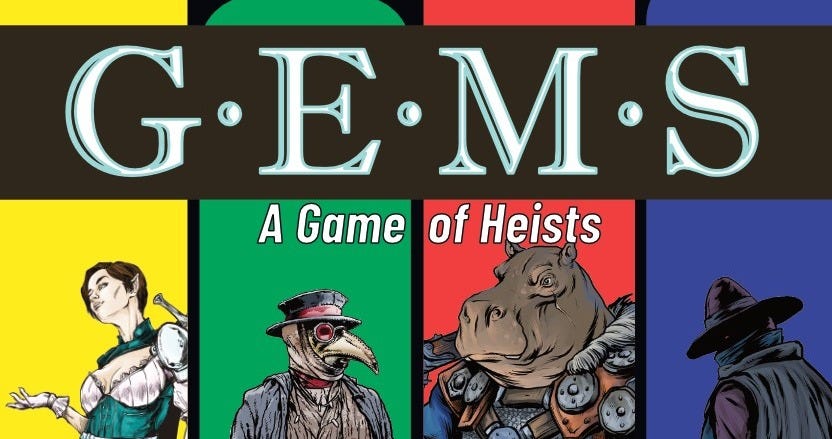 The titel from the cover image of GEMS: A Game of Heists. Includes images of the four Jewelers.