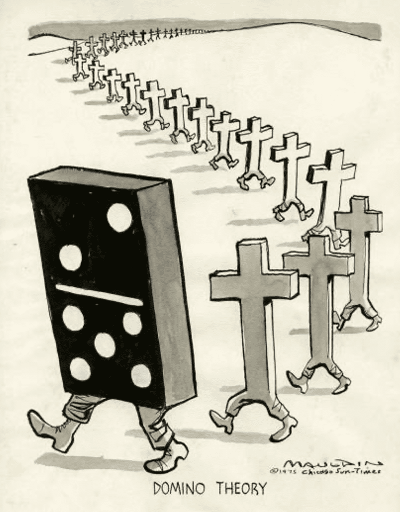 Domino Theory illustration: walking crosses following a walking domino