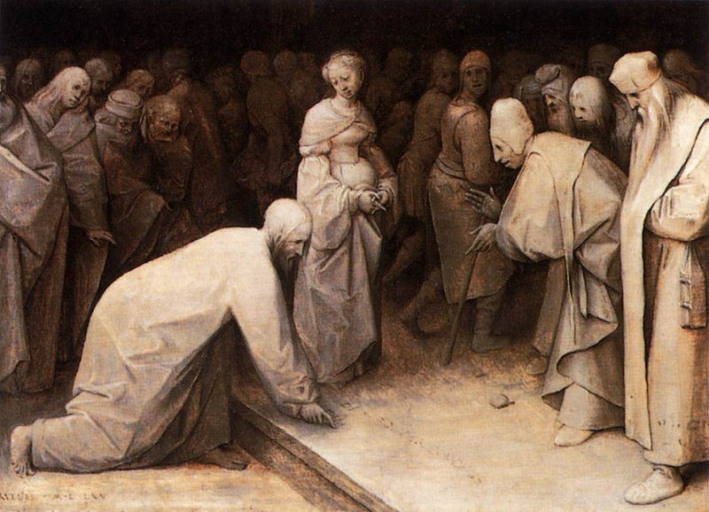 Pieter Bruegel the Elder’s painting Christ and the Woman Taken in Adultery, showing Jesus bending to write in the dust while a crowd of accusers surrounds a woman in the temple courtyard.