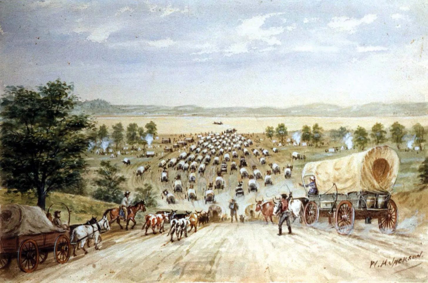 "Emigrants at Kanesville" is a painting by William Henry Jackson depicting settlers crossing the Missouri River at Kanesville (now Council Bluffs, Iowa). It is believed to have been painted around 1856, near the peak of Mormon emigration.
