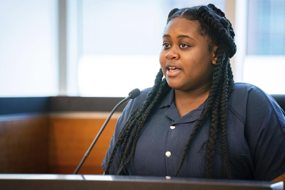 Pieper Lewis gives her allocution during a sentencing hearing, Tuesday, Sept. 13, 2022, in Des Moines, Iowa. Lewis, who was initially charged with first-degree murder after she stabbed her accused rapist to death in June 2020, was sentenced to five years of closely supervised probation and ordered to pay $150,000 restitution to the man’s family. (Zach Boyden-Holmes/The Des Moines Register via AP)