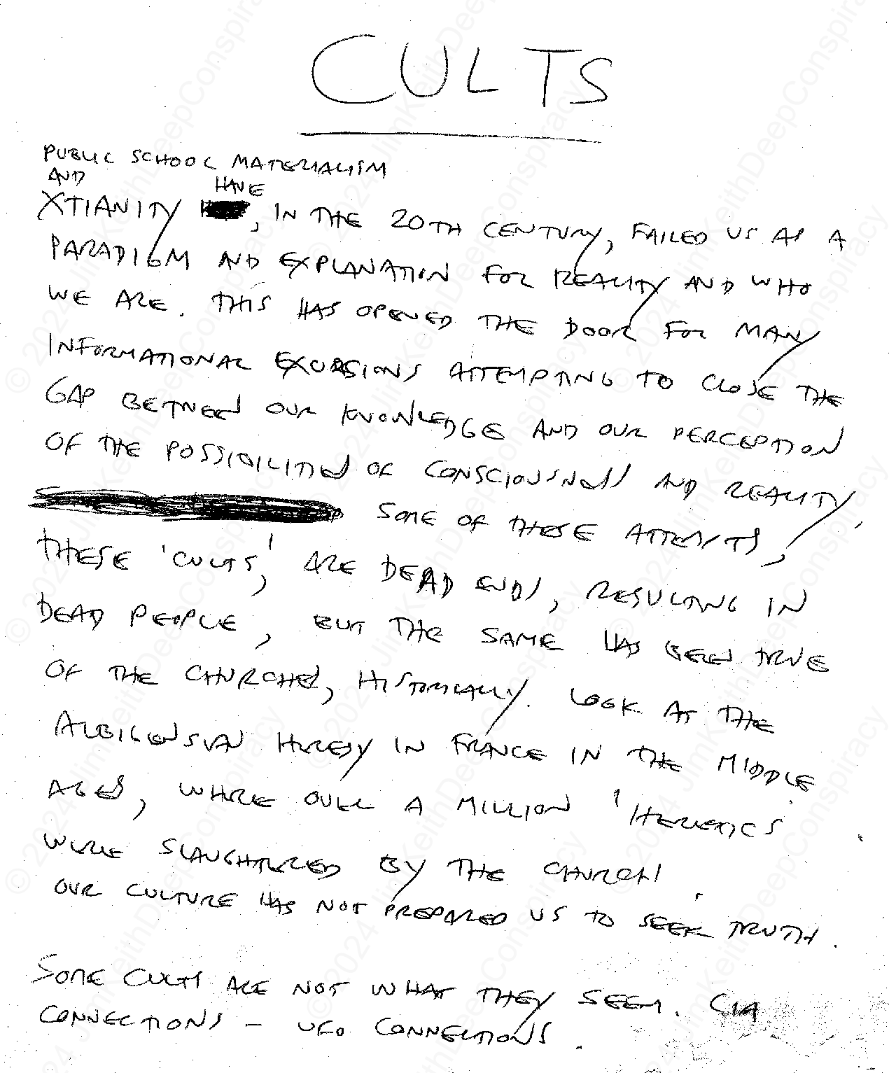 Handwritten notes by Jim Keith: Critique of 20th-century paradigms, cults, CIA-UFO connections, and gaps in knowledge versus perception of reality.